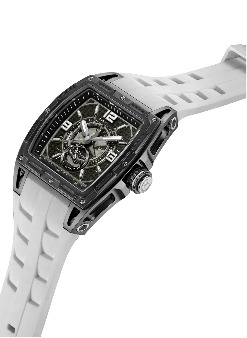 CERRUTI 1881 Belluno Multifunction Watch for Men - Tonneau Case, Black Smoked Transparent Dial, White Silicon Strap