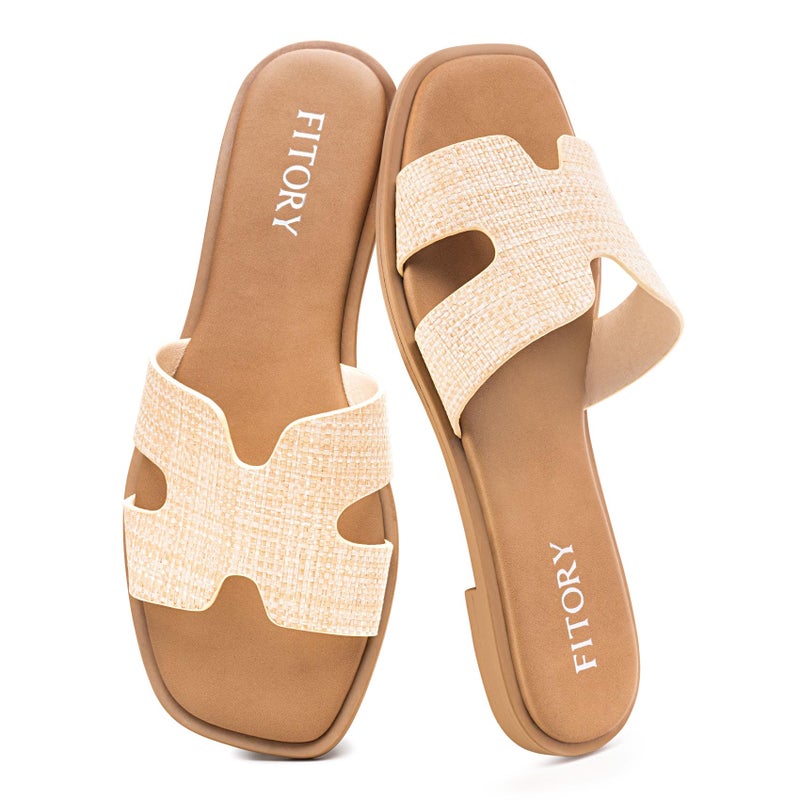 FITORY Women's Slide Sandals, Flat Fashion Square Open Toe with Cushion Slippers for Summer Beach Size 6 Raffia - Image 1