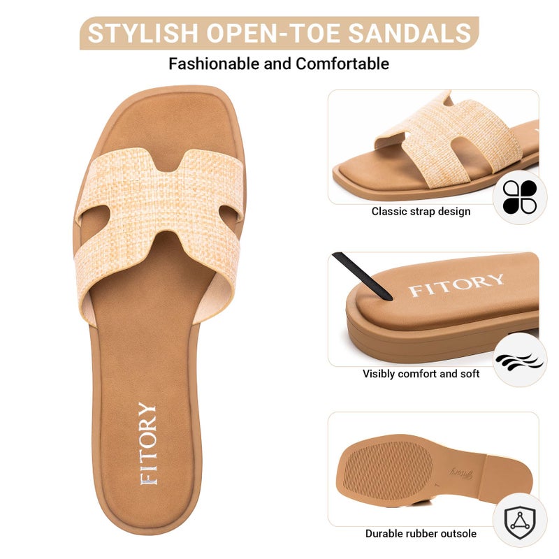 FITORY Women's Slide Sandals, Flat Fashion Square Open Toe with Cushion Slippers for Summer Beach Size 6 Raffia - Image 4