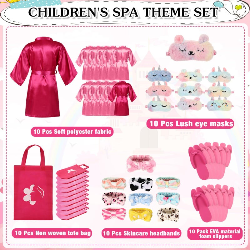 Bonuci 50 Pcs Spa Party Supplies for Girls, 10 Satin Robe 10 Kids Slippers Sleepover Birthday Spa Party Favors (Rose Red, Pink) - Image 2