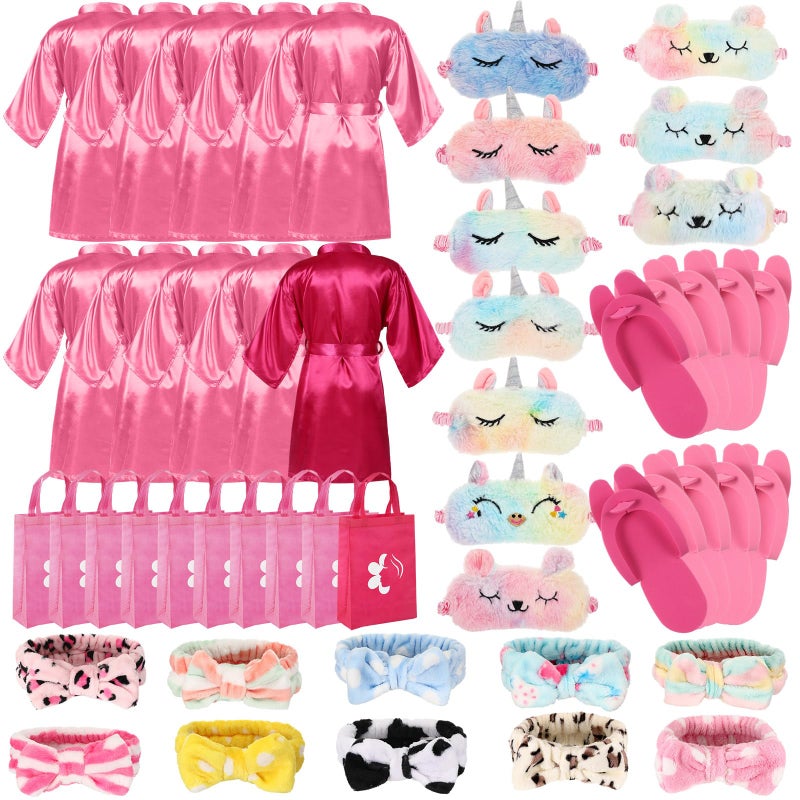 Bonuci 50 Pcs Spa Party Supplies for Girls, 10 Satin Robe 10 Kids Slippers Sleepover Birthday Spa Party Favors (Rose Red, Pink) - Image 1
