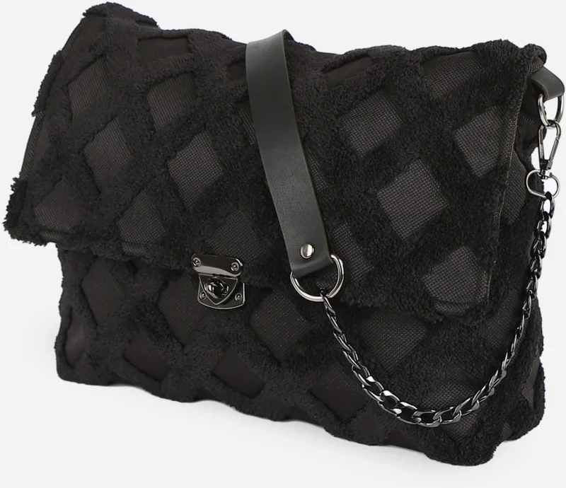 هامور Dough Women's Fabric Hand and Shoulder Bag Tweed Black Fur Plush Knitted Crossbody Bag