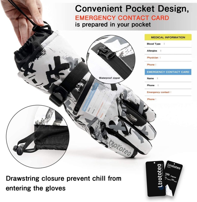 Ltrototea Ski Snow Gloves for Men Women -20â„‰ Insulated Warm Winter Waterproof Touchscreen Snowboard Glove Snowboarding Snowmobile Outdoor Gloves with Wrist Guards White Medium - Image 2