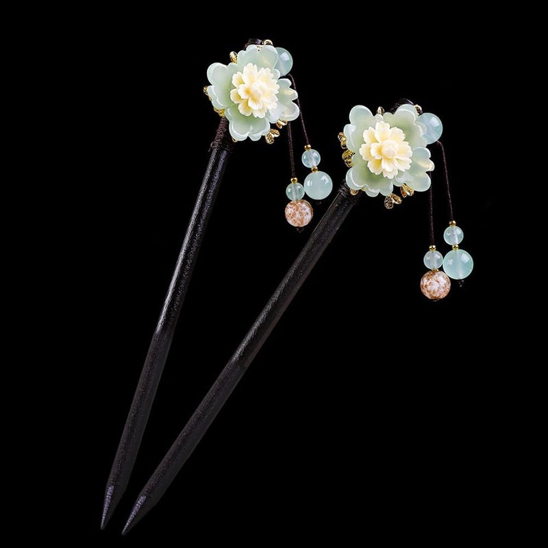 2 Pcs Wooden Chinese Hair Sticks for Long Hair Vintage Retro Hair Chopsticks for Women Bun Elegant Flower Tassel Chinese Hair Pins Chignon Cymbidium
