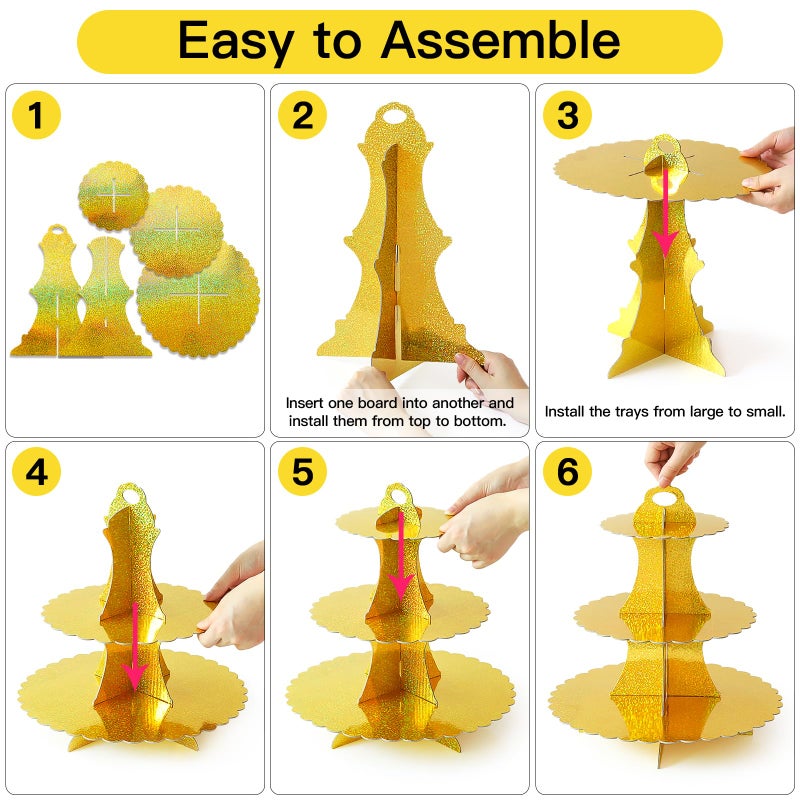 Soleebee 3-Tier Cupcake Stand, Cardboard Cupcake Tower, Dessert Cup Cake Stand Tower for Birthday Wedding Party Decoration, Cupcake Tier Stand 1 Set (Glitter Gold) - Image 4