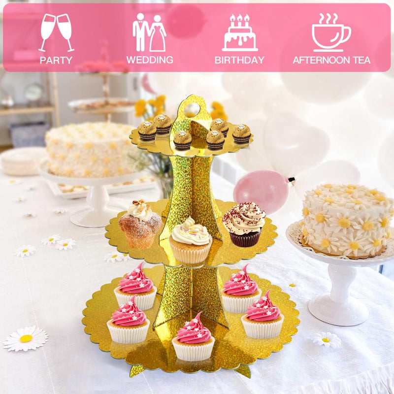 Soleebee 3-Tier Cupcake Stand, Cardboard Cupcake Tower, Dessert Cup Cake Stand Tower for Birthday Wedding Party Decoration, Cupcake Tier Stand 1 Set (Glitter Gold) - Image 5