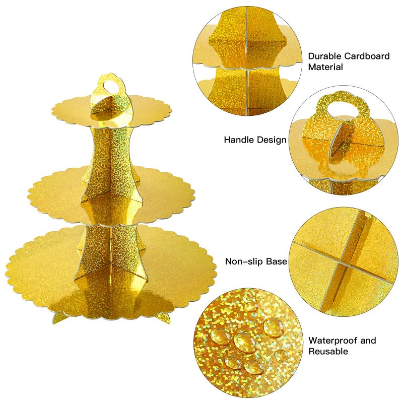 Soleebee 3-Tier Cupcake Stand, Cardboard Cupcake Tower, Dessert Cup Cake Stand Tower for Birthday Wedding Party Decoration, Cupcake Tier Stand 1 Set (Glitter Gold) - Image 3