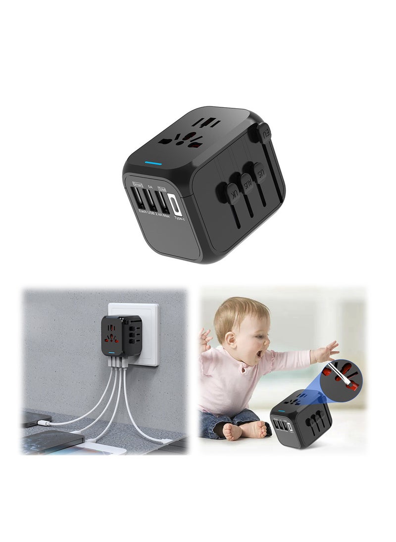 KASTWAVE Universal European Travel Plug Adapter - All-in-One Wall Charger for Worldwide Use - US EU UK Europe Spain Australia Switzerland Ireland Italy Compatible - 6.5A 5 USB Type-C Outlets (Black)  - Image 1
