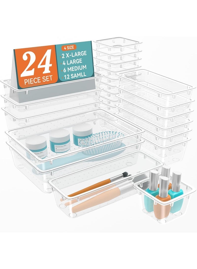 imported 24 Piece Drawer Organizer Set, 4 Sizes Storage Drawer Units, Clear Plastic Makeup Organizer and Storage Boxes for Makeup, Stationery, and Multi-Tools for Bathroom, Office, and Bedroom - Image 1