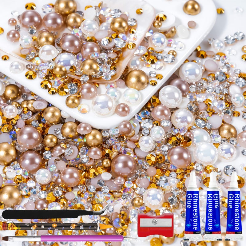 MYYKO 60g Champagne Gold Flatback Rhinestones Half Pearls for Crafting, Mixed Size 3mm-10mm Resin Rhinestones for Bedazzling, Small Pearls for DIY Tumblers Mugs Nail Art Shoes Clothes with Glue - Image 1