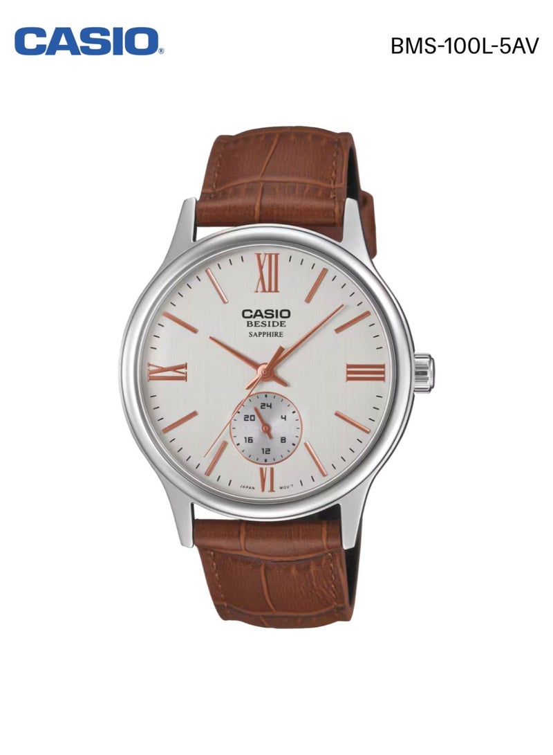 Casio Beside BMS-100L-5AV Analog Watch Sapphire Crystal Leather Strap