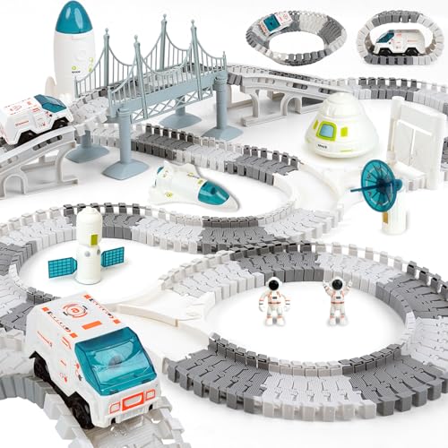 GIAT Race Car Tracks Set Birthday Gift for 3 4 5 6 7 Year Old Boys 290 PCS Flexible Train Track Kit for Kids Interactive Toy with Cars and Rocket - Image 1