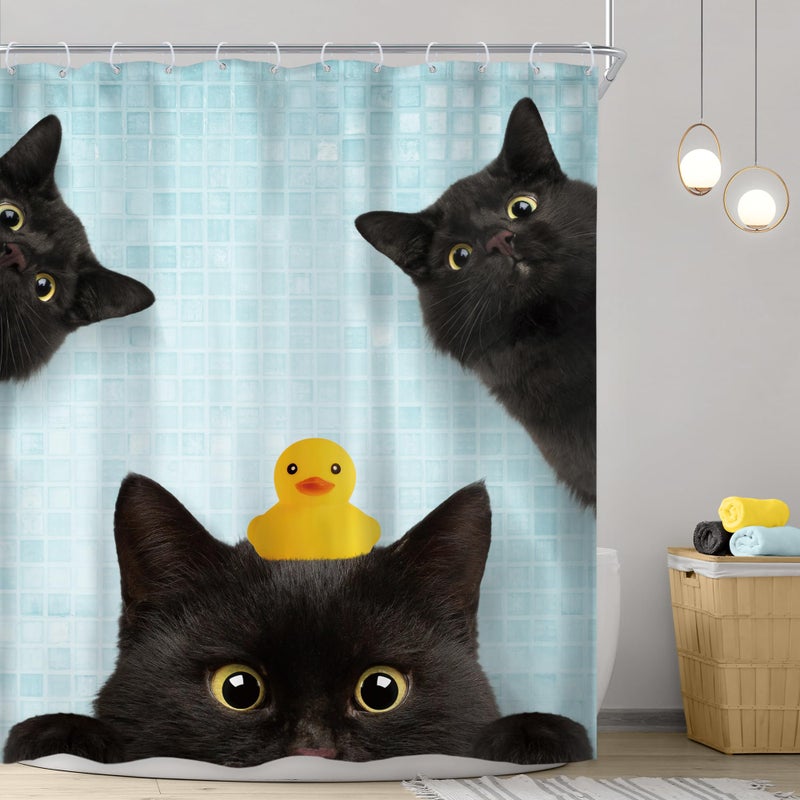 Riyidecor Funny Black Cat Shower Curtain 60Wx72H Inch Kids Cute Animal Lovely Kitten Yellow Rubber Duck Pet Lovers Modern Hilarious Bathroom Decor Fabric Polyester Waterproof 12 Pack Hooks - Image 1