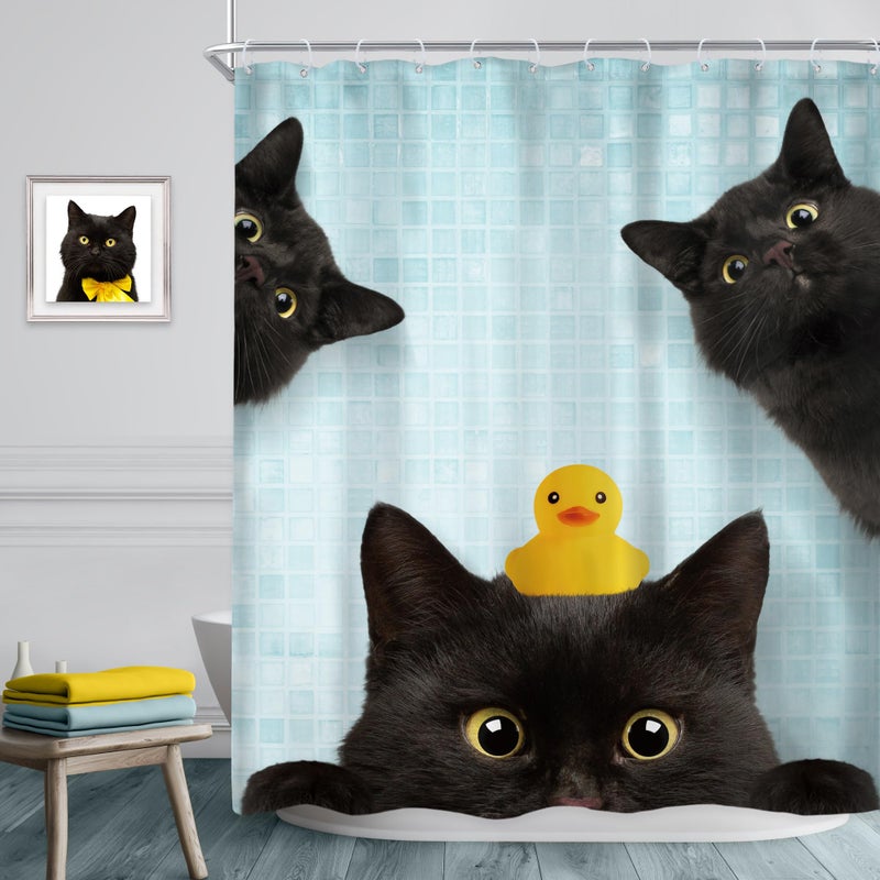 Riyidecor Funny Black Cat Shower Curtain 60Wx72H Inch Kids Cute Animal Lovely Kitten Yellow Rubber Duck Pet Lovers Modern Hilarious Bathroom Decor Fabric Polyester Waterproof 12 Pack Hooks - Image 2