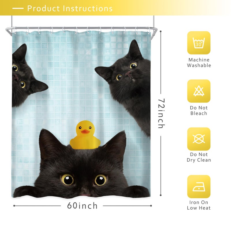 Riyidecor Funny Black Cat Shower Curtain 60Wx72H Inch Kids Cute Animal Lovely Kitten Yellow Rubber Duck Pet Lovers Modern Hilarious Bathroom Decor Fabric Polyester Waterproof 12 Pack Hooks - Image 3