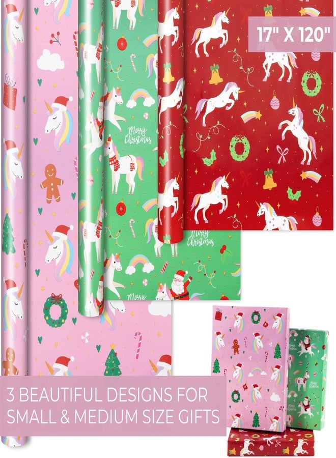 ZICOTO Beautiful Christmas Unicorn Wrapping Paper Roll Set - Cute Set of 3 Quality Rolls With Festive Designs for Girls - Add a Touch of Magic to Every Kids Gift You Wrap - 17 x 120 in - Image 4