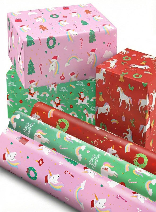 ZICOTO Beautiful Christmas Unicorn Wrapping Paper Roll Set - Cute Set of 3 Quality Rolls With Festive Designs for Girls - Add a Touch of Magic to Every Kids Gift You Wrap - 17 x 120 in - Image 1