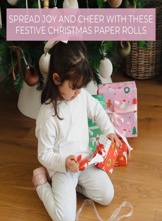 ZICOTO Beautiful Christmas Unicorn Wrapping Paper Roll Set - Cute Set of 3 Quality Rolls With Festive Designs for Girls - Add a Touch of Magic to Every Kids Gift You Wrap - 17 x 120 in - Image 3