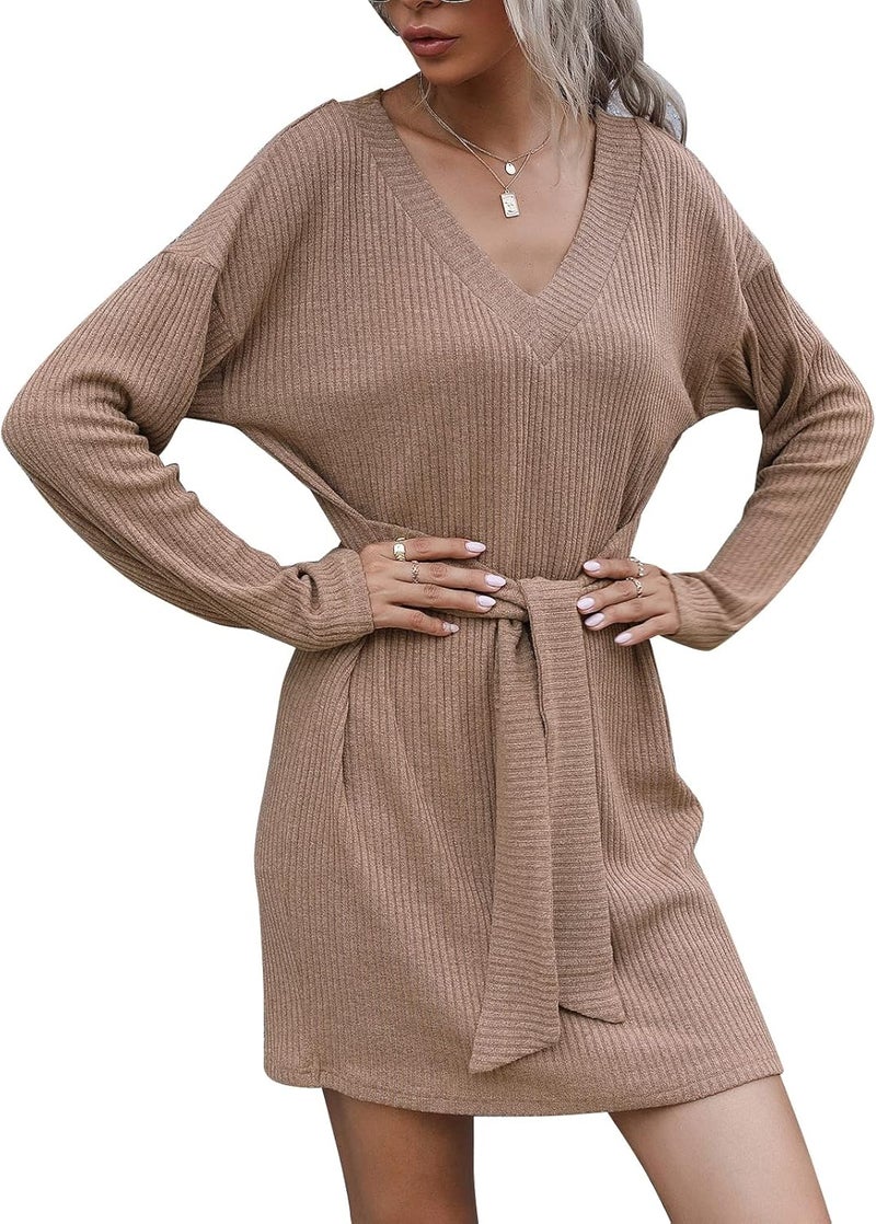 klarako Womens Knitted Sweater Dress, Womens Loose Knit Dress VNeck Long Sleeve Autumn Polyester Lace High Waist Sweater for Work - Image 1