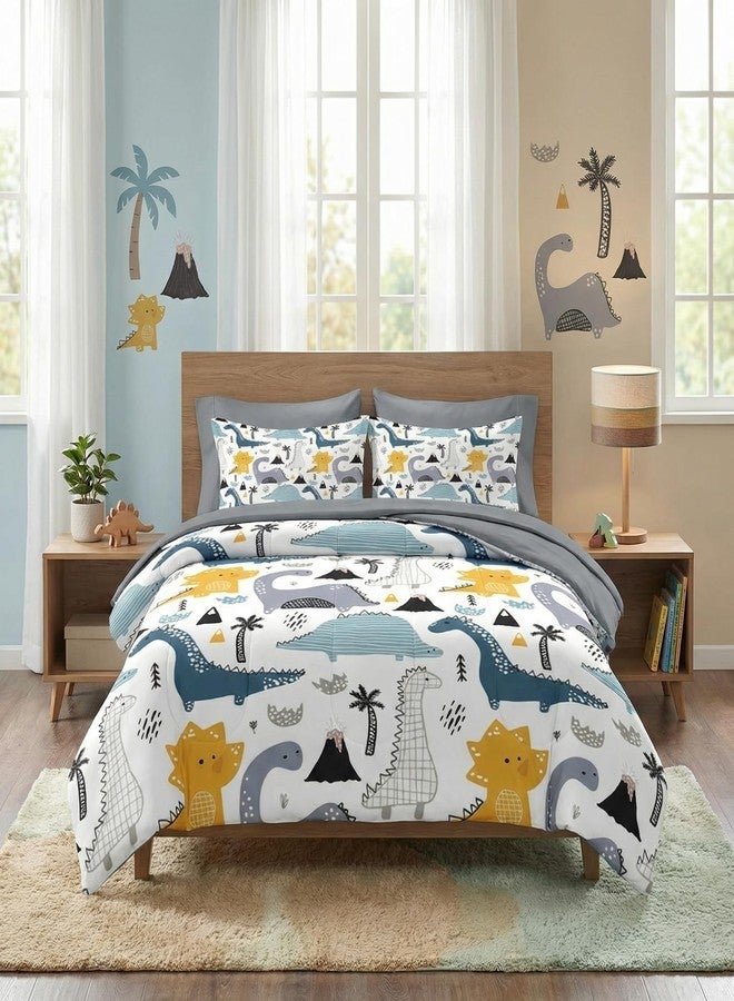 Nesker 7 Pcs Comforter Set Full Size, Cute Dinosaur Dino Bedding for Kids Teen, Blue Yellow Dragon with Fitted Sheet 2 Pillowcases & 2 Shams for Bedroom Bed Décor - Image 1
