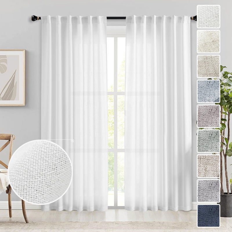 MEETBILY White Linen Back Tab Curtains 90 Inches Long for Living Room 2 Panels Set Farmhouse Light Filtering Flax Linen Sheer Curtain Panels Neutral Country Rustic Boho Drapes for Patio Sliding Door Office - Image 1