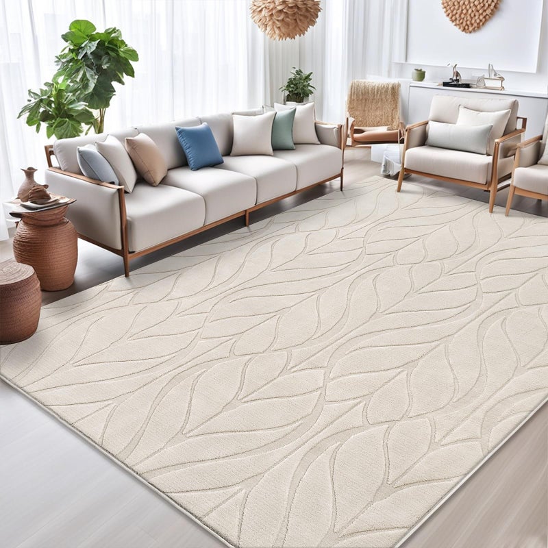 SHACOS Soft Area Rug for Living Room 8x10, Washable Non Slip Bedroom Rug Beige, Fluffy Large Rugs Carpet for Floor Living Room Kids Nursery Room, Home Decor Aesthetic - Leaf Pattern Design - Image 1