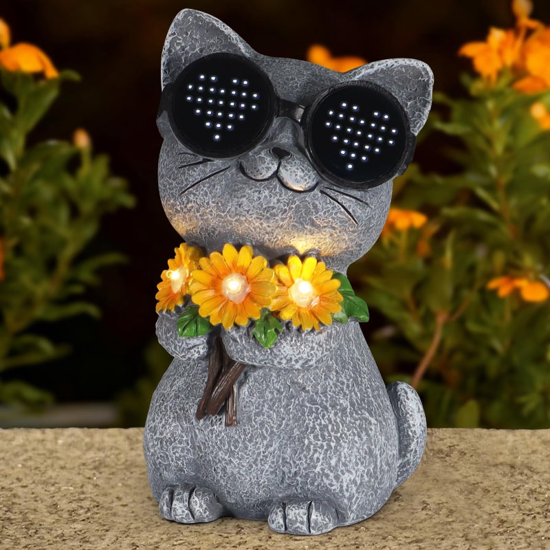 Pawatee Solar Garden Statues Cat with Daisy and LED Lights Birthday Gifts for Women Mom Grandma Solar Outdoor Decor for Patio Backyard Yard Lawn Decoration-Unique Housewarming Gifts - Image 1