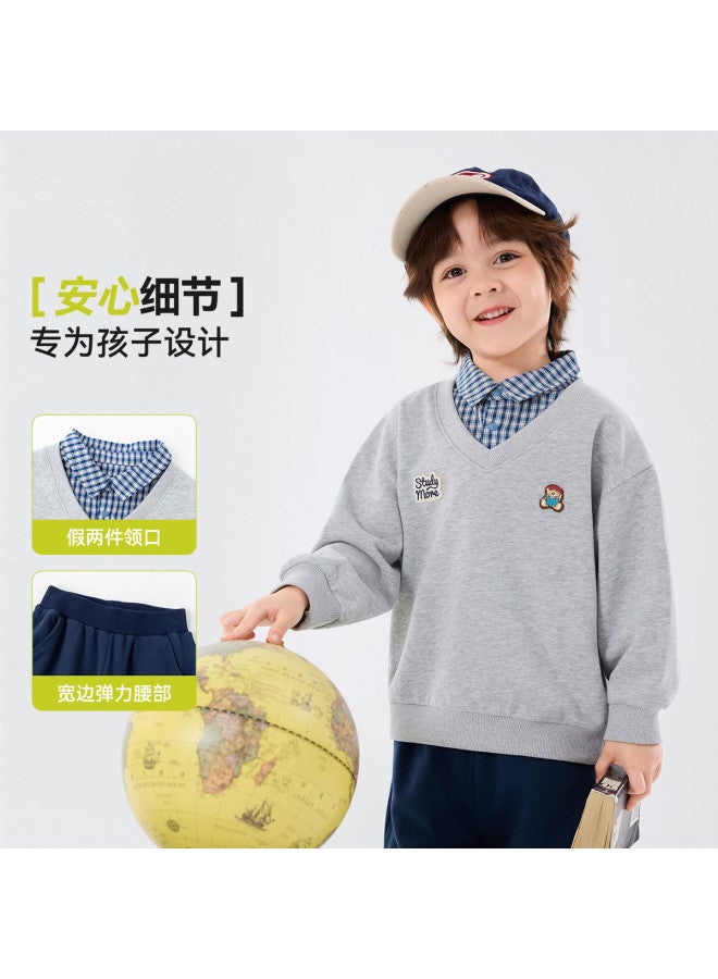 Doodle Home Preppy Style] Children's Set Spring Boys' Fake Two-piece Hoodie Two-piece Set Girls' Sportswear Baby Kids' Clothing - Image 5