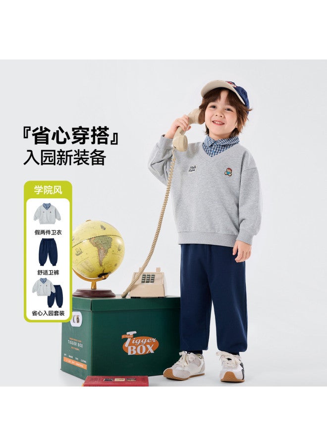 Doodle Home Preppy Style] Children's Set Spring Boys' Fake Two-piece Hoodie Two-piece Set Girls' Sportswear Baby Kids' Clothing - Image 2