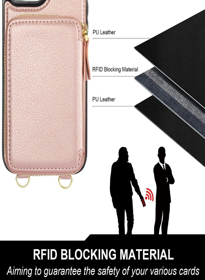 Bocasal for MagSafe Crossbody Wallet Case Compatible with iPhone 13 Pro Max, RFID Blocking Protective Purse Case with Card Slots Holder Kickstand Wrist Strap Lanyard Zipper 6.7 Inch 5G (Rose Gold) - Image 5