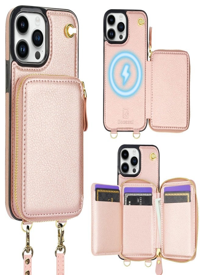 Bocasal for MagSafe Crossbody Wallet Case Compatible with iPhone 13 Pro Max, RFID Blocking Protective Purse Case with Card Slots Holder Kickstand Wrist Strap Lanyard Zipper 6.7 Inch 5G (Rose Gold) - Image 1