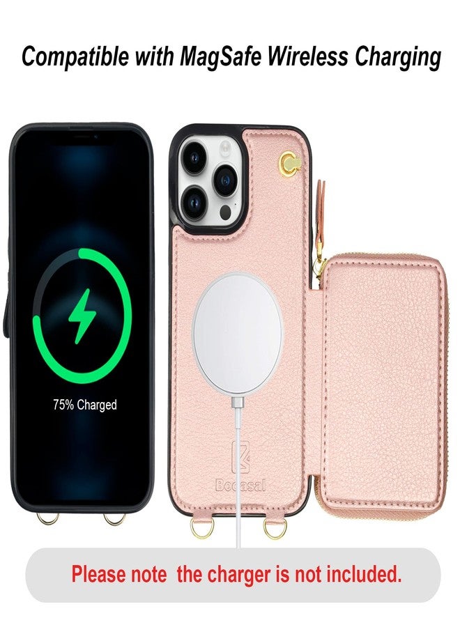Bocasal for MagSafe Crossbody Wallet Case Compatible with iPhone 13 Pro Max, RFID Blocking Protective Purse Case with Card Slots Holder Kickstand Wrist Strap Lanyard Zipper 6.7 Inch 5G (Rose Gold) - Image 3