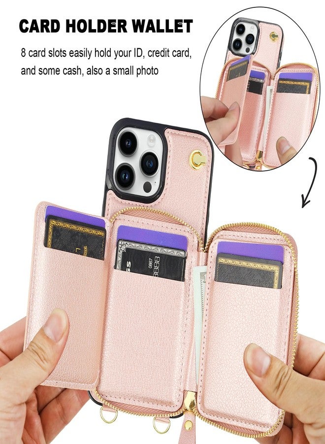 Bocasal for MagSafe Crossbody Wallet Case Compatible with iPhone 13 Pro Max, RFID Blocking Protective Purse Case with Card Slots Holder Kickstand Wrist Strap Lanyard Zipper 6.7 Inch 5G (Rose Gold) - Image 4