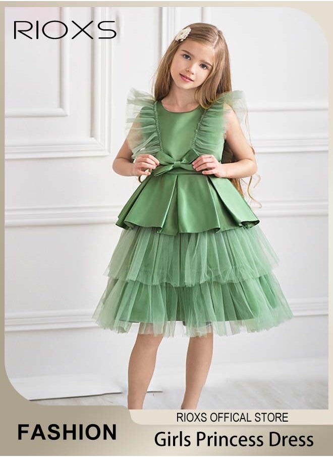 RIOXS Toddler Girls Flutter Sleeves Pleated Flower Dress Pageant Bowknot Dress Costumes Wedding Dress for Birthday Party Formal Occasions  - Image 1