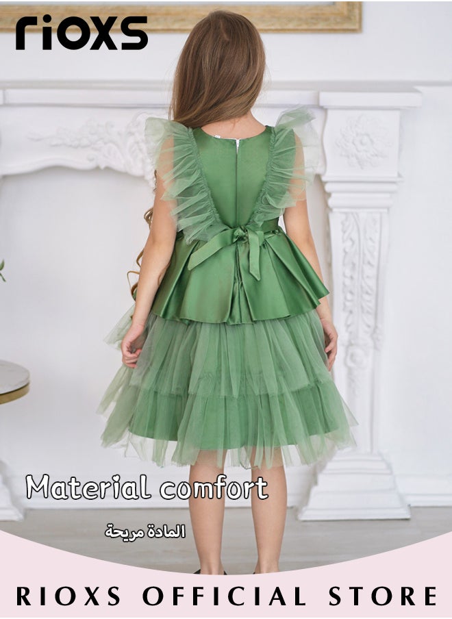 RIOXS Toddler Girls Flutter Sleeves Pleated Flower Dress Pageant Bowknot Dress Costumes Wedding Dress for Birthday Party Formal Occasions  - Image 3