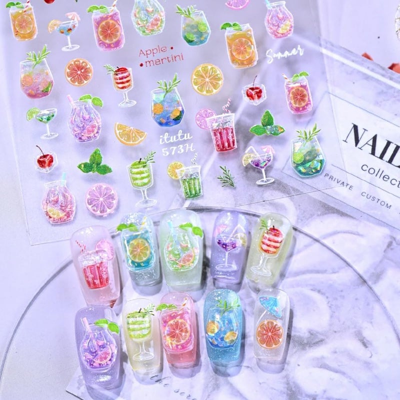 Sevgob Fruits Nail Stickers 5D Embossed Shell Shine Glitter Nail Decals Glossy Yellow Green Nail Designs Lemon Mint Leaf Nails Supplies Spring Summer Nails Art Stickers for Women Girls DIY Manicure 1 Sheet - Image 4
