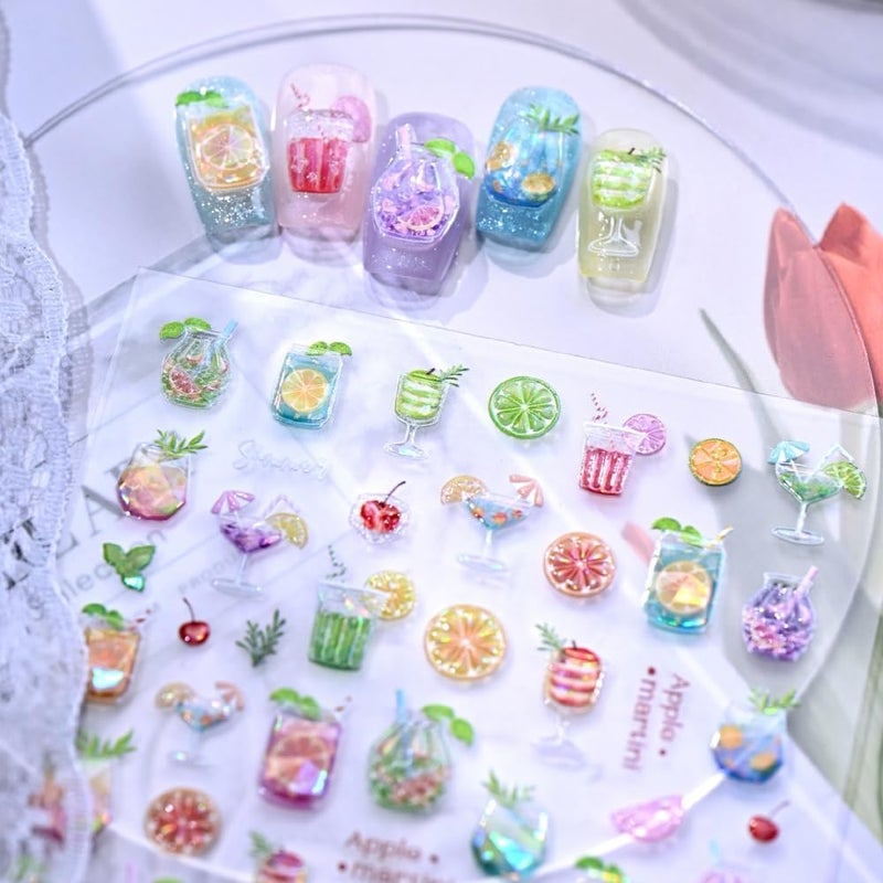 Sevgob Fruits Nail Stickers 5D Embossed Shell Shine Glitter Nail Decals Glossy Yellow Green Nail Designs Lemon Mint Leaf Nails Supplies Spring Summer Nails Art Stickers for Women Girls DIY Manicure 1 Sheet - Image 2
