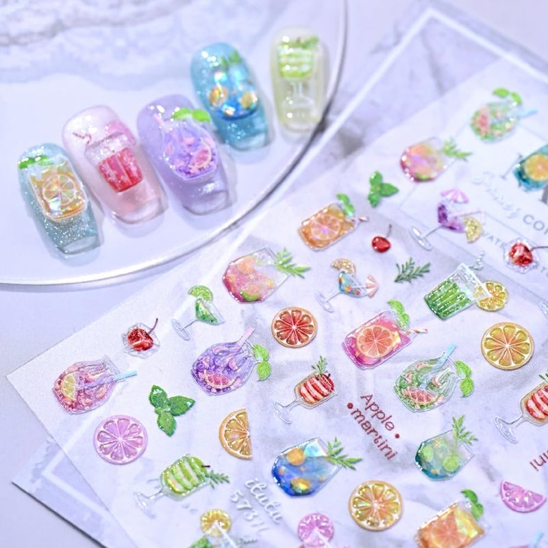 Sevgob Fruits Nail Stickers 5D Embossed Shell Shine Glitter Nail Decals Glossy Yellow Green Nail Designs Lemon Mint Leaf Nails Supplies Spring Summer Nails Art Stickers for Women Girls DIY Manicure 1 Sheet - Image 5
