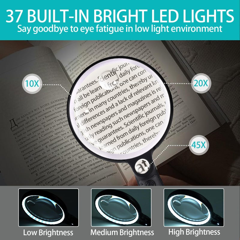 GABORISH Large Magnifying Glass With 37 Led Light And Case  10X 20X 45X Handheld Illuminated Lighted Magnifier With 3 Light Modes Rechargeable Magnifying Glass For Seniors Reading  Inspection (White & Black) - Image 3