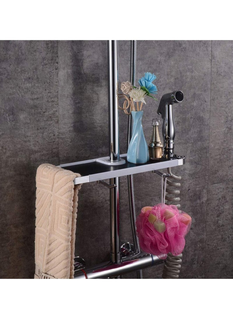 SYOSI ABS Bathroom Shelf Rack Shower Caddy Wall Mount Holder, No Drilling Shower Organiser for Shampoo Soap with 19-25mm Rail and Double Hook for 19mm-25mm Shower Rail Black - Image 2