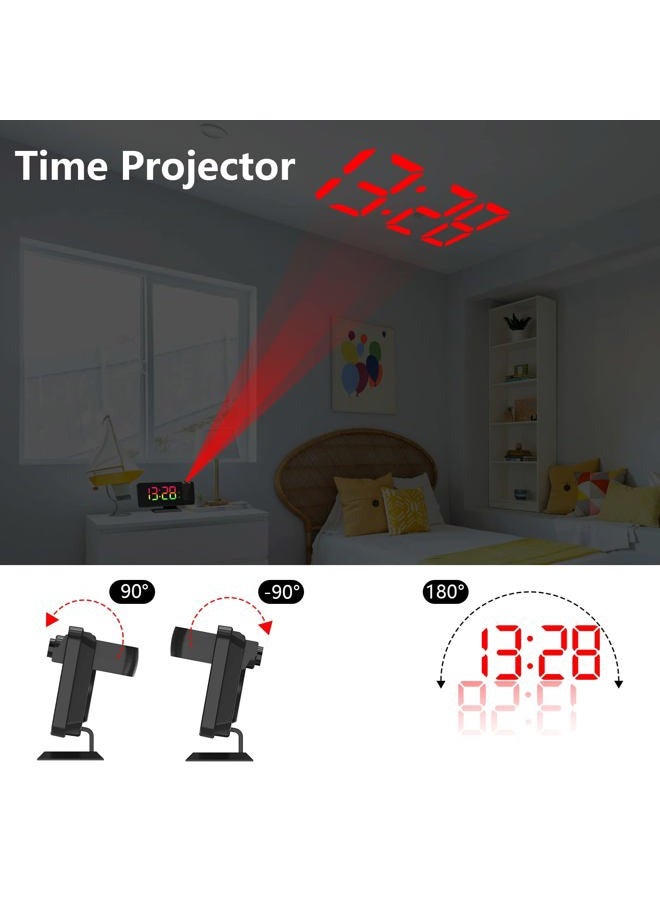 Petilleur Projection Alarm Clock, 180° Projector Alarm Clock on Ceiling, 7.4” Large Mirror RGB Color Digital LED Display, 5 Level Brightness Dimmer, Dual Alarm Clock for Bedroom Living Room (Black) - Image 2