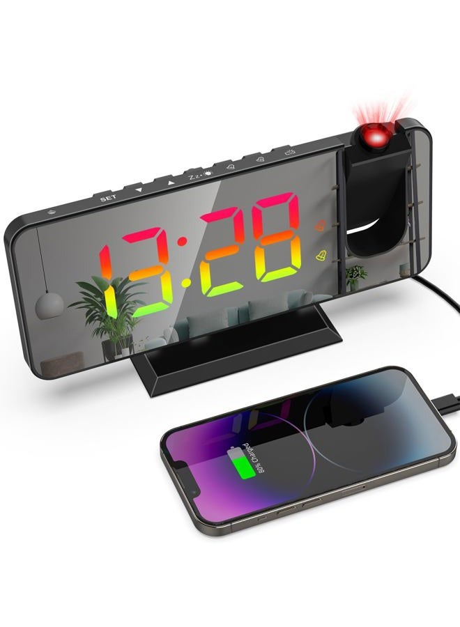 Petilleur Projection Alarm Clock, 180° Projector Alarm Clock on Ceiling, 7.4” Large Mirror RGB Color Digital LED Display, 5 Level Brightness Dimmer, Dual Alarm Clock for Bedroom Living Room (Black) - Image 1