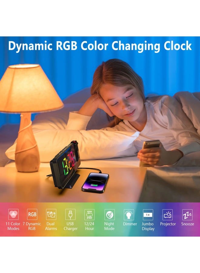 Petilleur Projection Alarm Clock, 180° Projector Alarm Clock on Ceiling, 7.4” Large Mirror RGB Color Digital LED Display, 5 Level Brightness Dimmer, Dual Alarm Clock for Bedroom Living Room (Black) - Image 4