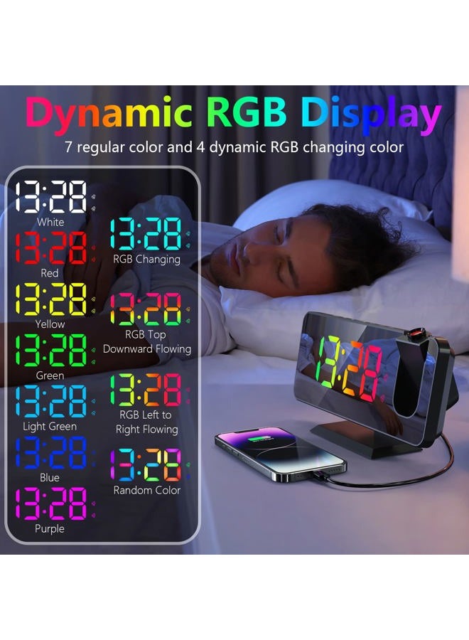 Petilleur Projection Alarm Clock, 180° Projector Alarm Clock on Ceiling, 7.4” Large Mirror RGB Color Digital LED Display, 5 Level Brightness Dimmer, Dual Alarm Clock for Bedroom Living Room (Black) - Image 3