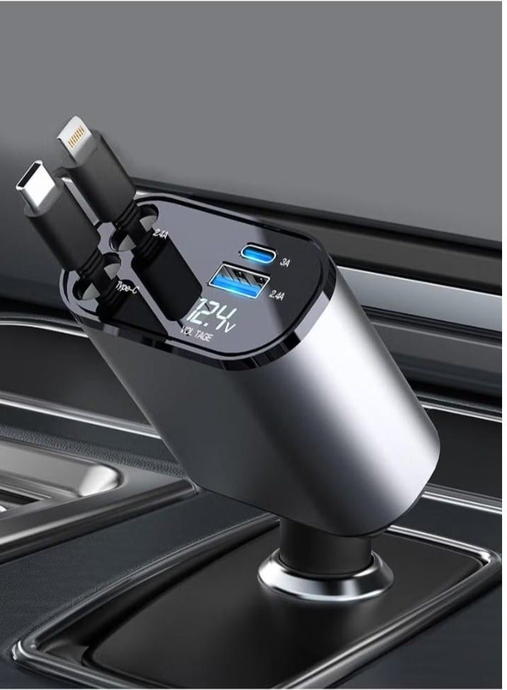 إيزي سو شاحن سيارة سريع 12/24 فولت 120 وات مع كابل شحن قابل للسحب، محول طاقة سريع للسيارة PD20W لهاتف iPhone Type C 40 وات شاحن USB للسيارة مزود بتقنية البلوتوث مع iPhone وSamsung وGalaxy وHuawei وXiaomi