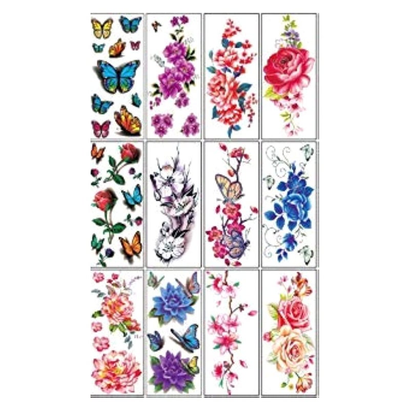 Comdoit Flower Temporary Tattoos for Women Adults 3D Butterfly Rose Tattoo Sexy Fake Tattoo Stickers Waterproof Body Art Temp Tattoo Paper Colored Floral Lily Lotus Peony Festival Makeup Tattoo 12 Sheets