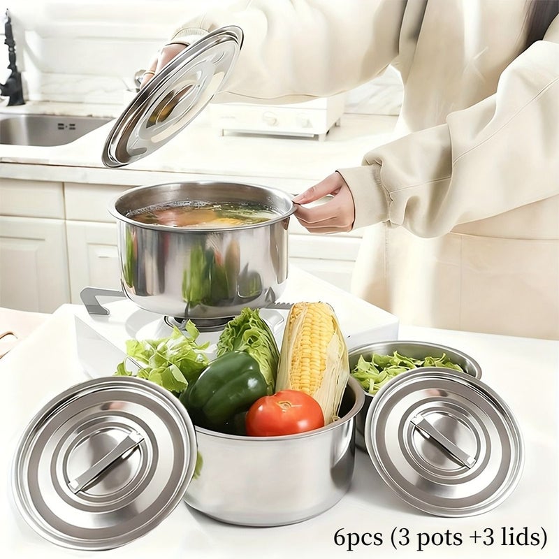 6 Piece Stainless Steel Cookware Set 3 Soup Pots And 3 Pot Lids Non Stick Scratch Resistant Multi Purpose Saucepan Enhanced Capacity Design Compatible With All Stovetops Dishwasher Safe - Image 1