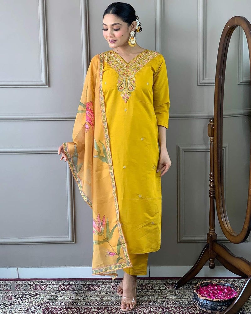 LookMark Women's Rayon Embroidered Kurta with Pant & Dupatta| Kurta with Pants and Dupatta Set_AZ-LM-KS2196_CG2-XL Yellow - Image 5