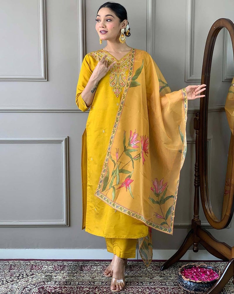 LookMark Women's Rayon Embroidered Kurta with Pant & Dupatta| Kurta with Pants and Dupatta Set_AZ-LM-KS2196_CG2-XL Yellow - Image 4
