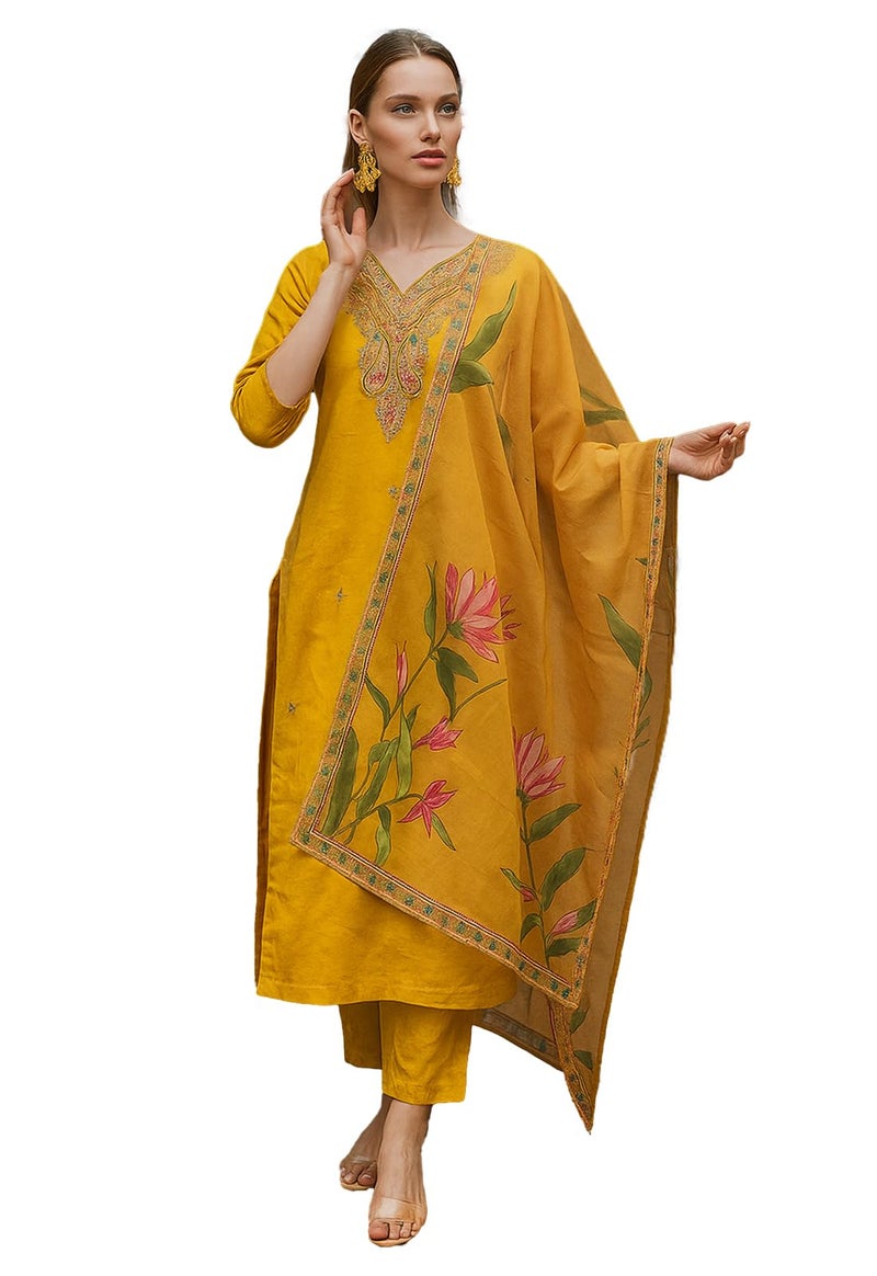 LookMark Women's Rayon Embroidered Kurta with Pant & Dupatta| Kurta with Pants and Dupatta Set_AZ-LM-KS2196_CG2-XL Yellow - Image 1